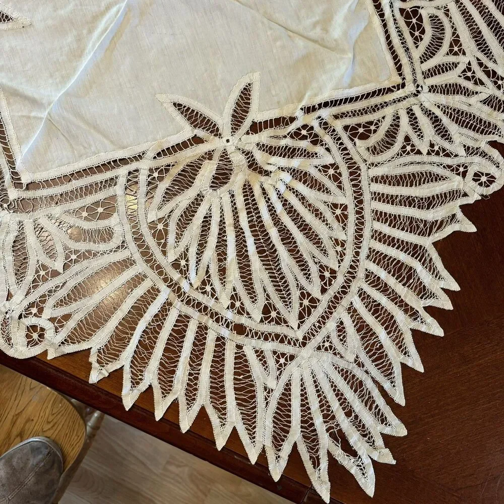 Antique Square Battenburg Lace Table Cloth 42” Square Hand Stitches
